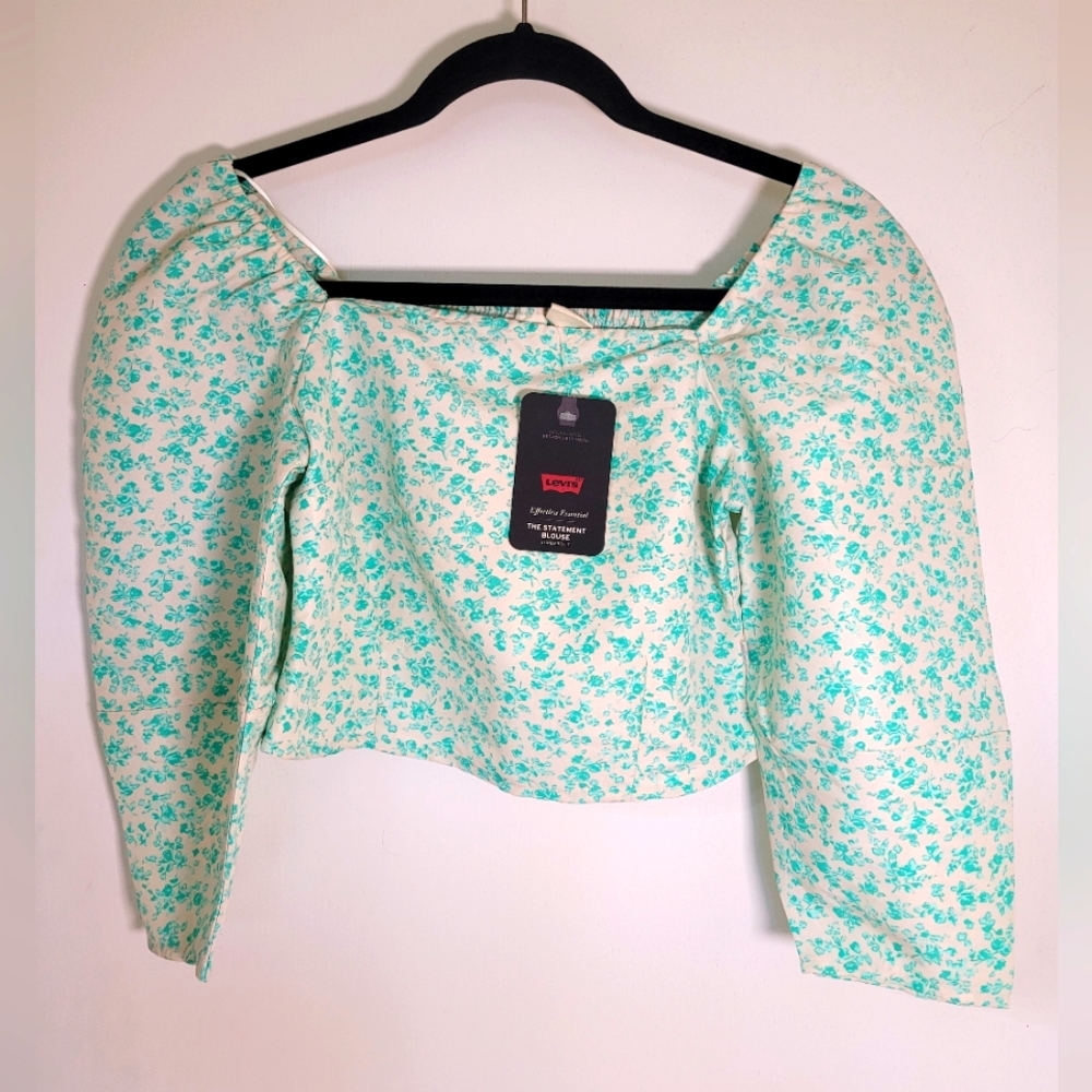 Levi's women's Yvie puff 3/4 sleeve cropped blouse electric green floral XS.